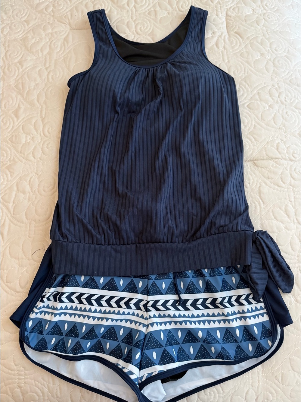 Navy Blue Two-Piece Tankini with Patterned Shorts